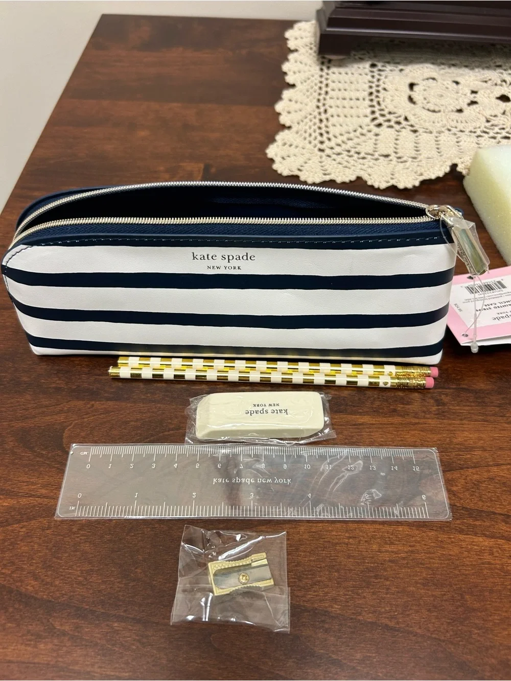 kate spade Navy and White Striped pencil Pouch